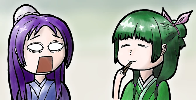 coloured illustration of maomao and jinshi from the apothecary diaries. maomao is eating some (probably posinous) food with chopsticks. jinshi is looking at her very shocked.